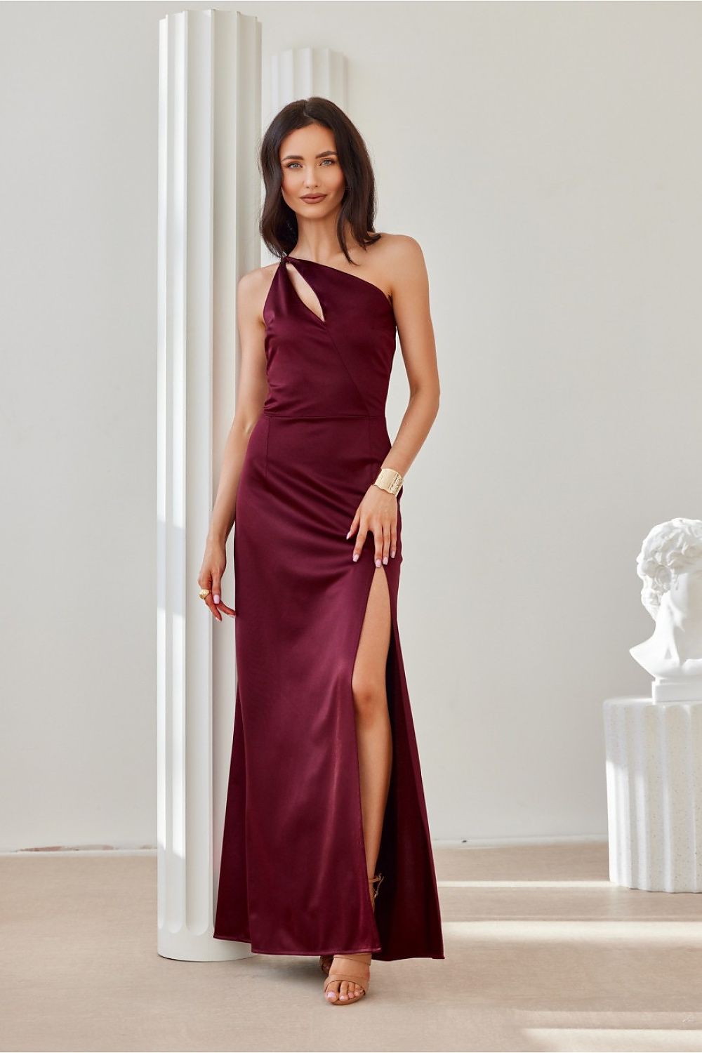Satin Asymmetric Cut Long Maxi Occasion Dress | Roco Fashion red 2