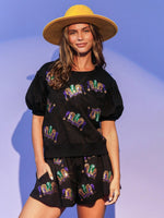 Sequin Print Casual Short-sleeve and Shorts & Top Loungewear Set