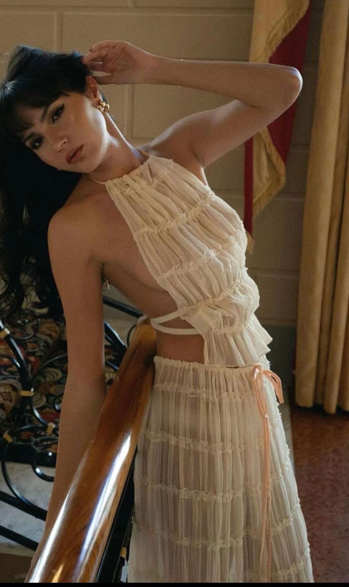 Sexy Sleeveless Backless Cropped Halter Top Pleated Long Skirt & Top Co-ord Set