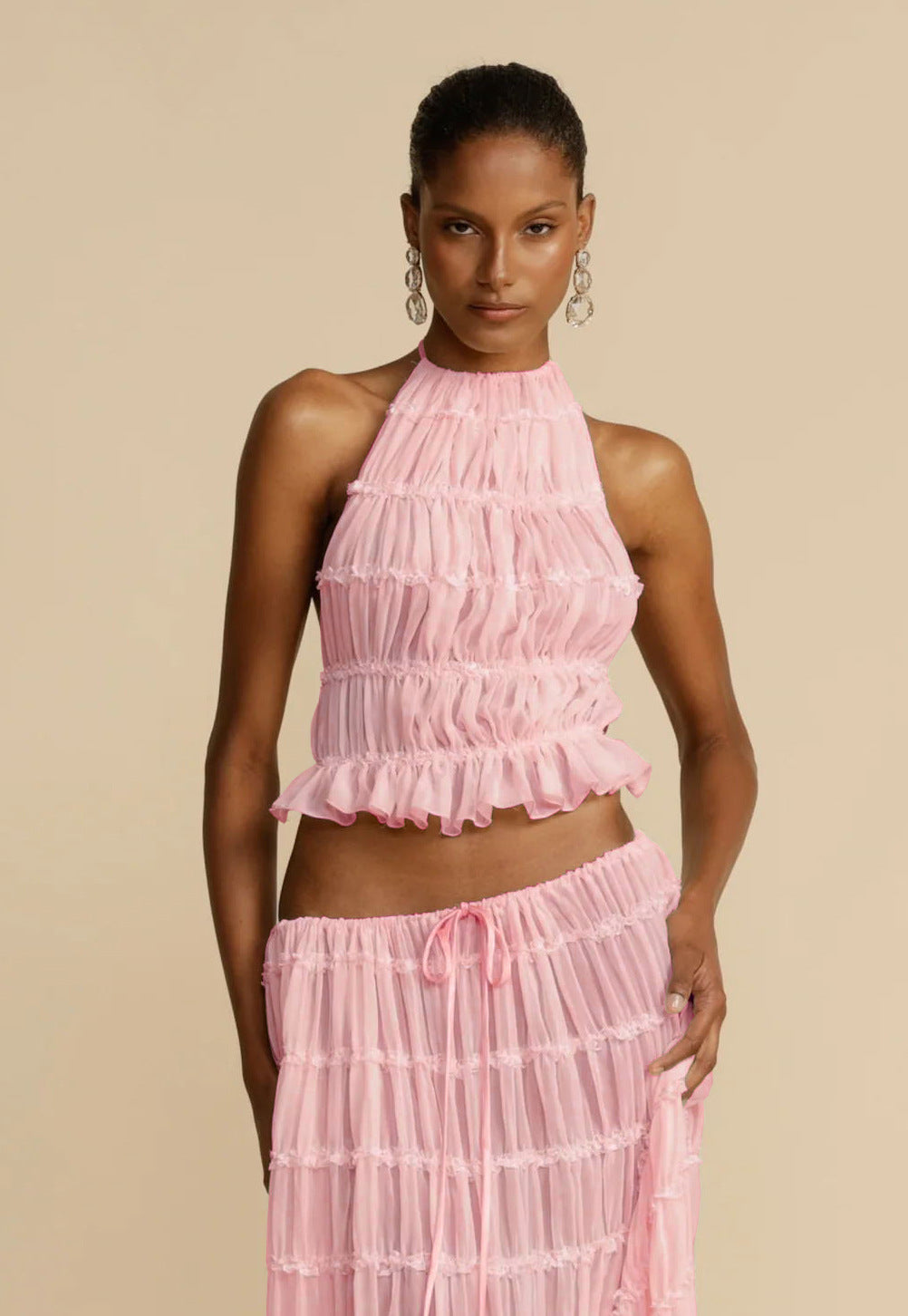 Sexy Sleeveless Backless Cropped Halter Top Pleated Long Skirt & Top Co-ord Set