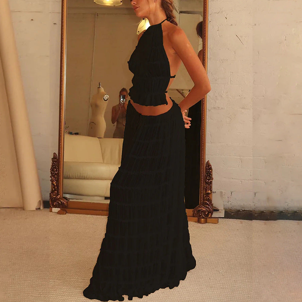 Sexy Sleeveless Backless Cropped Halter Top Pleated Long Skirt & Top Co-ord Set Black