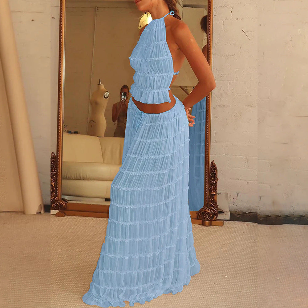 Sexy Sleeveless Backless Cropped Halter Top Pleated Long Skirt & Top Co-ord Set Light Blue
