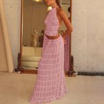 Sexy Sleeveless Backless Cropped Halter Top Pleated Long Skirt & Top Co-ord Set Pink