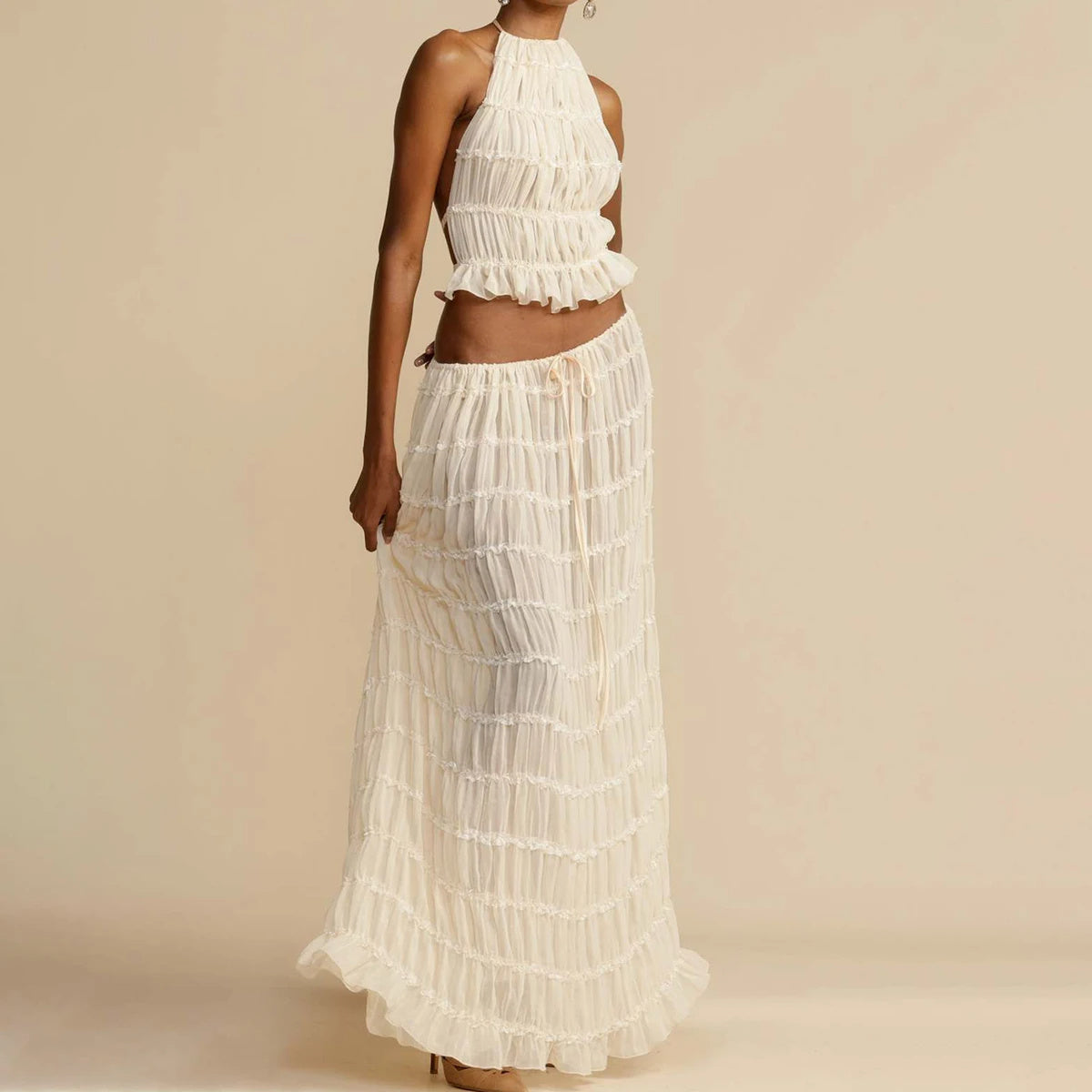 Sexy Sleeveless Backless Cropped Halter Top Pleated Long Skirt & Top Co-ord Set White XS