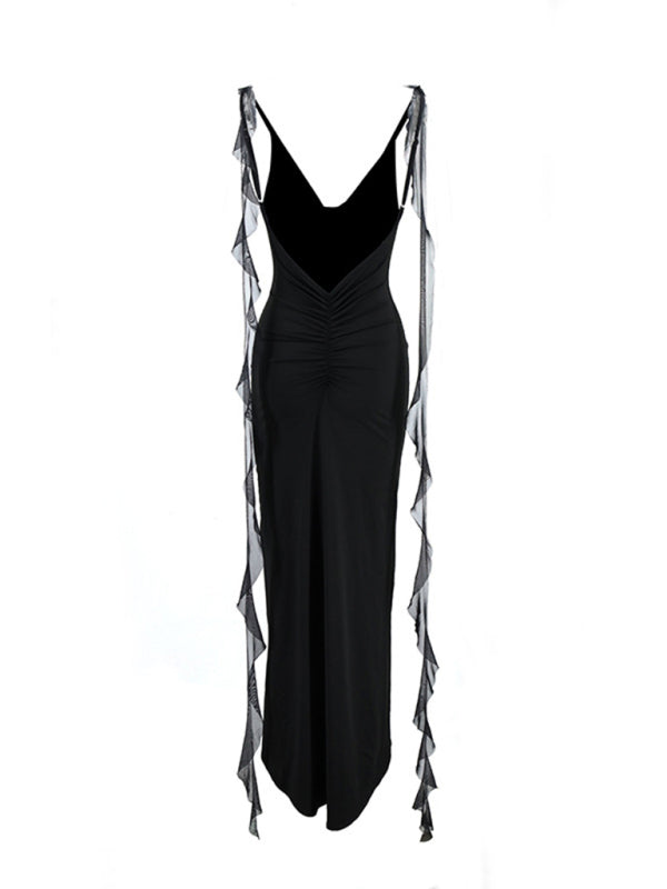 Sexy V-neck Backless Strap Fishtail Evening Fitted Maxi Dress