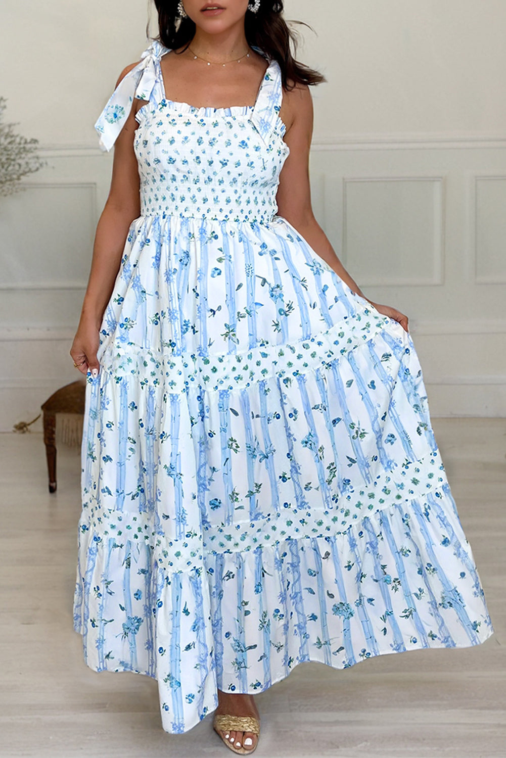Sky Blue Floral Smocked Tied Straps A-Line Tiered Maxi Dress Blue 100%Polyester