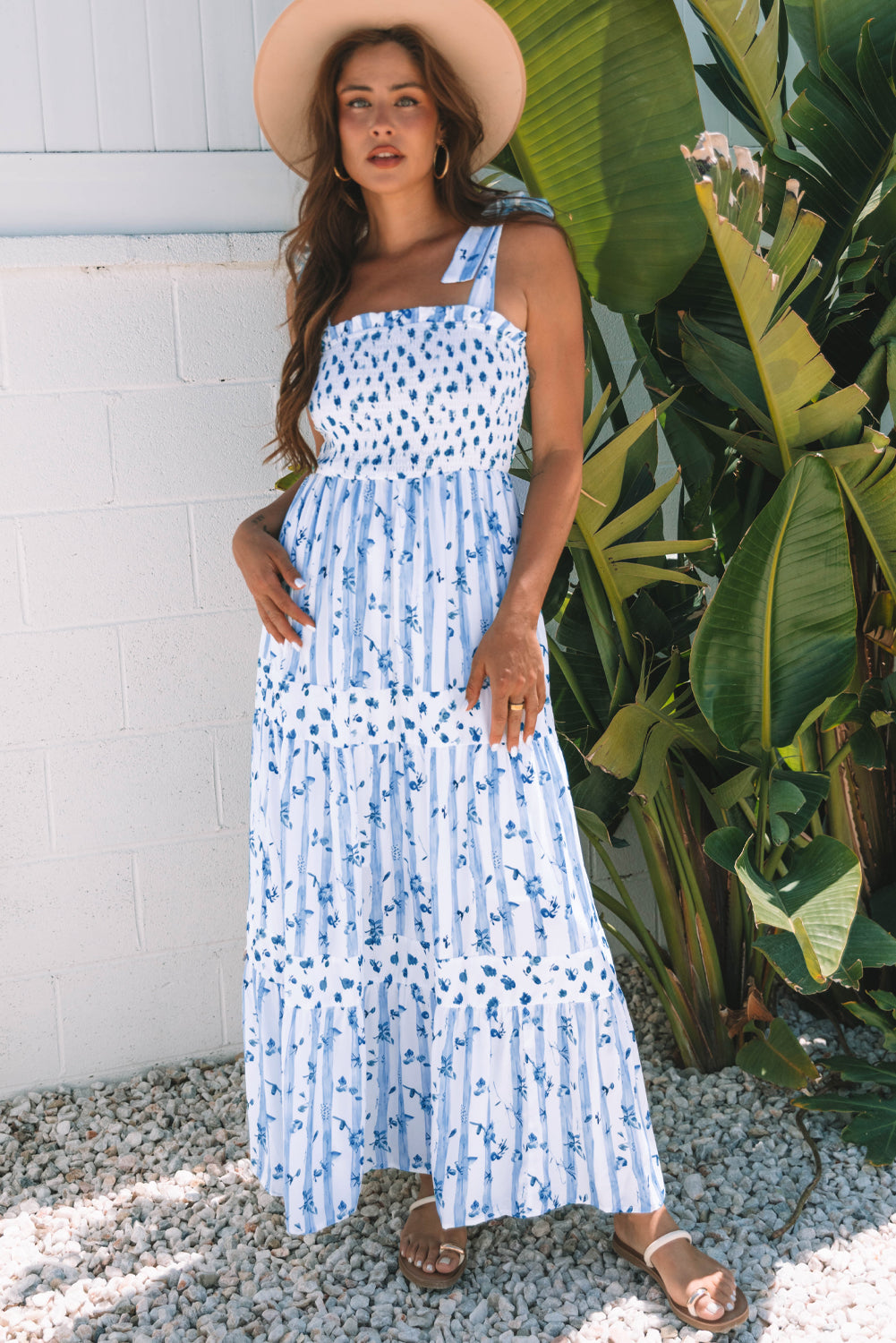Sky Blue Floral Smocked Tied Straps A-Line Tiered Maxi Dress