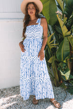 Sky Blue Floral Smocked Tied Straps A-Line Tiered Maxi Dress