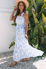 Sky Blue Floral Smocked Tied Straps A-Line Tiered Maxi Dress