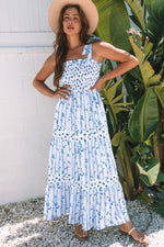 Sky Blue Floral Smocked Tied Straps A-Line Tiered Maxi Dress