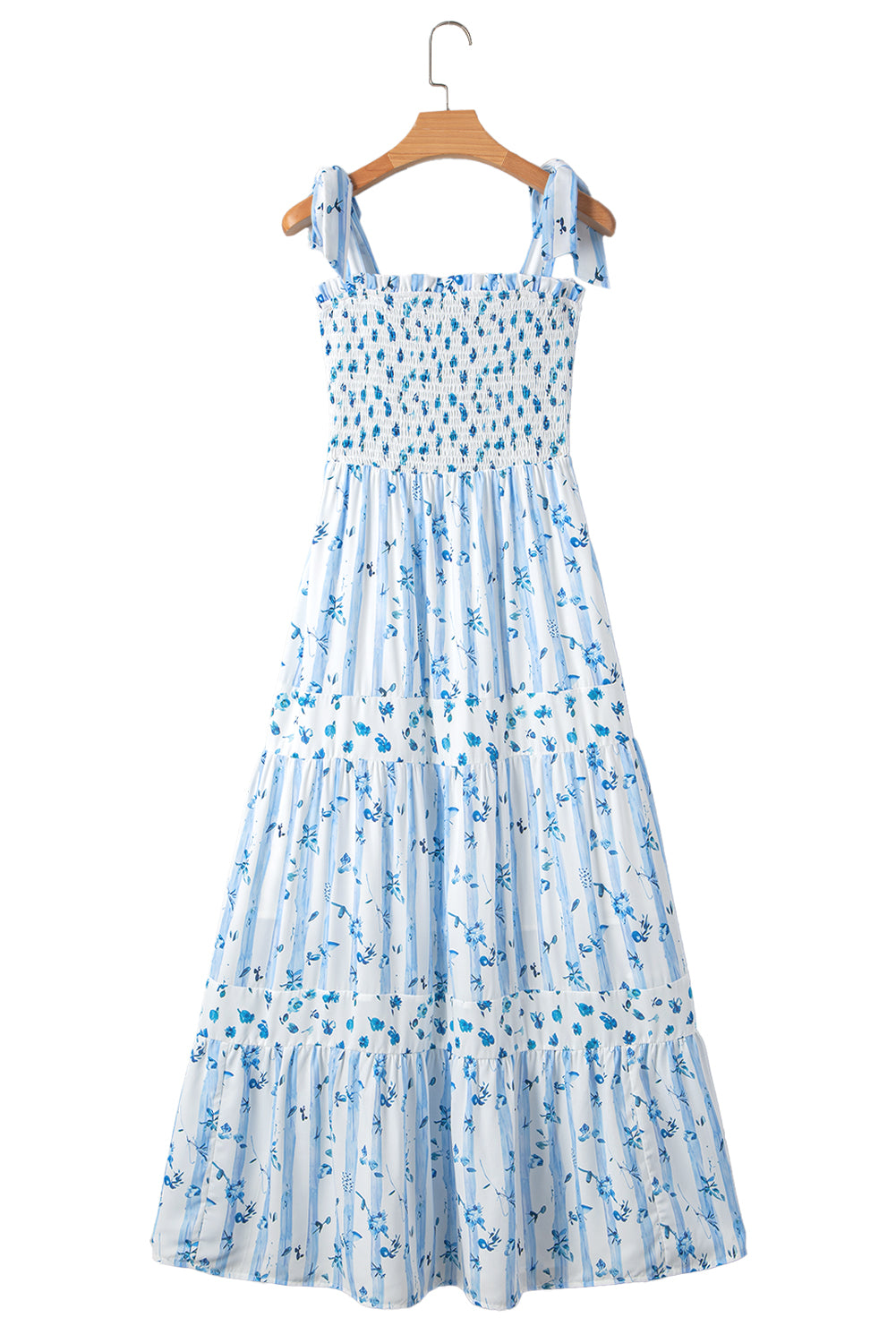 Sky Blue Floral Smocked Tied Straps A-Line Tiered Maxi Dress