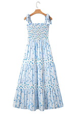 Sky Blue Floral Smocked Tied Straps A-Line Tiered Maxi Dress