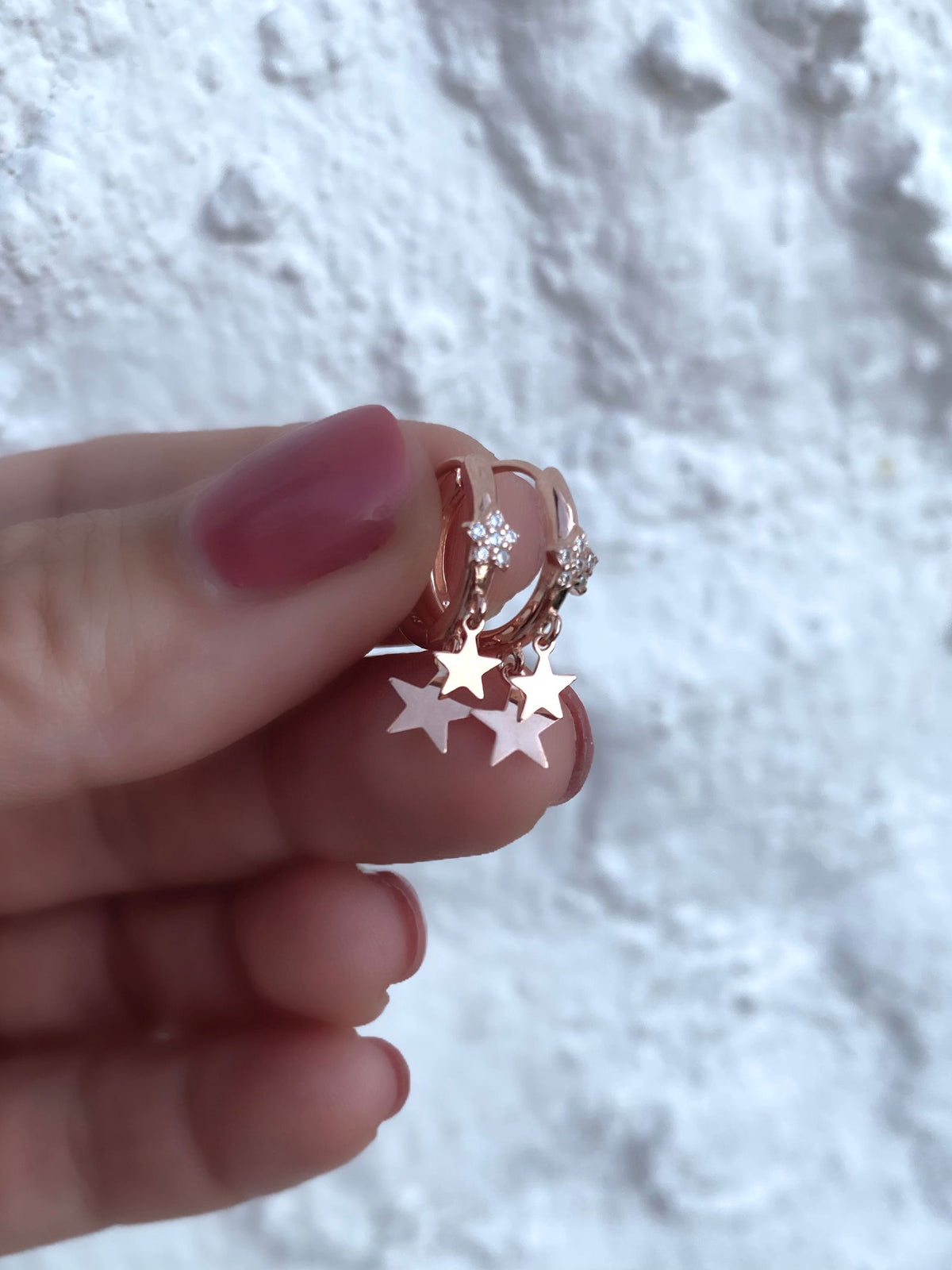 Small Hoop Earrings with 3 Stars Rose Gold Plated Silver