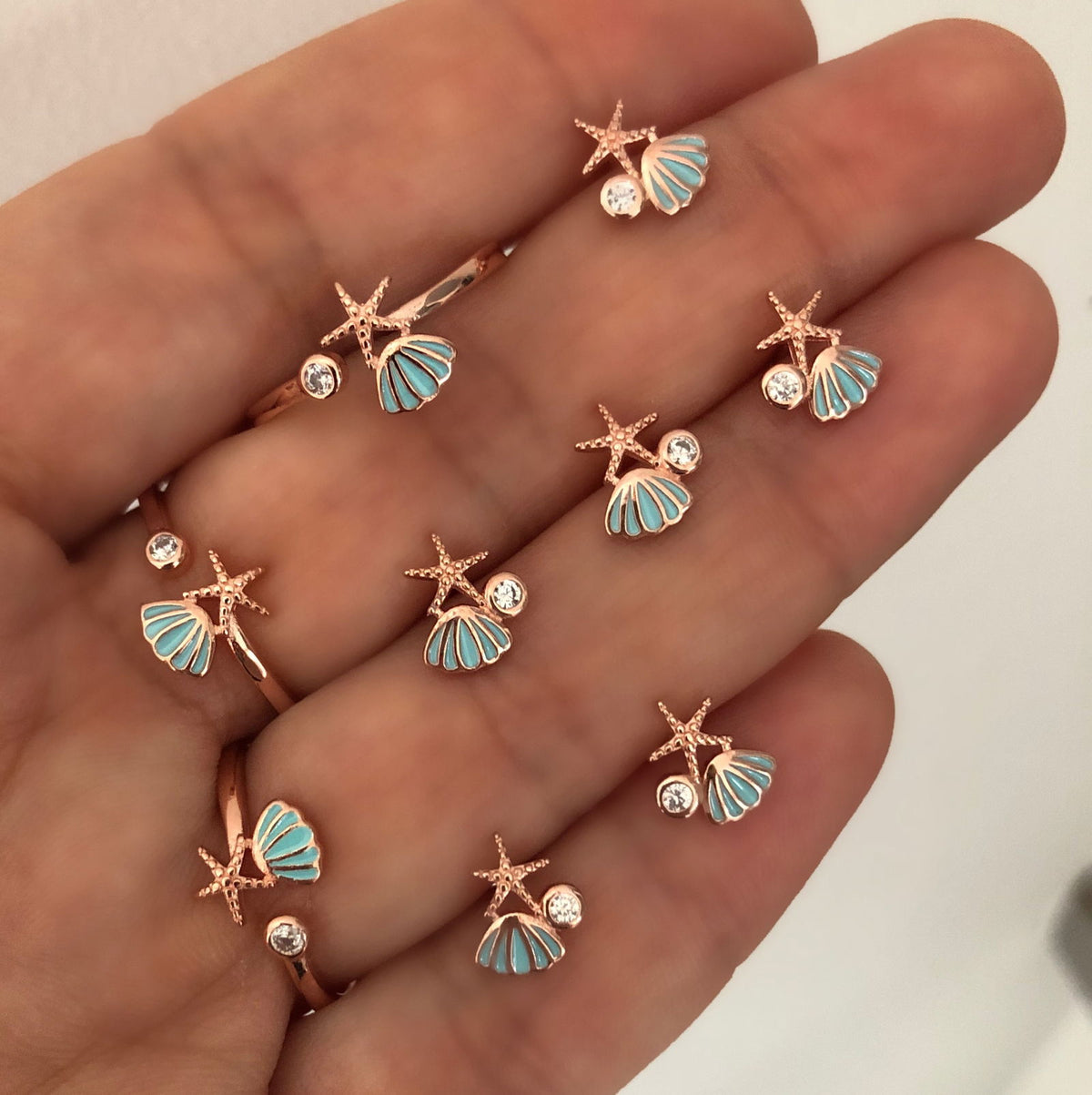 Small Sea Shell Earring & Ring Set - Blue enamel