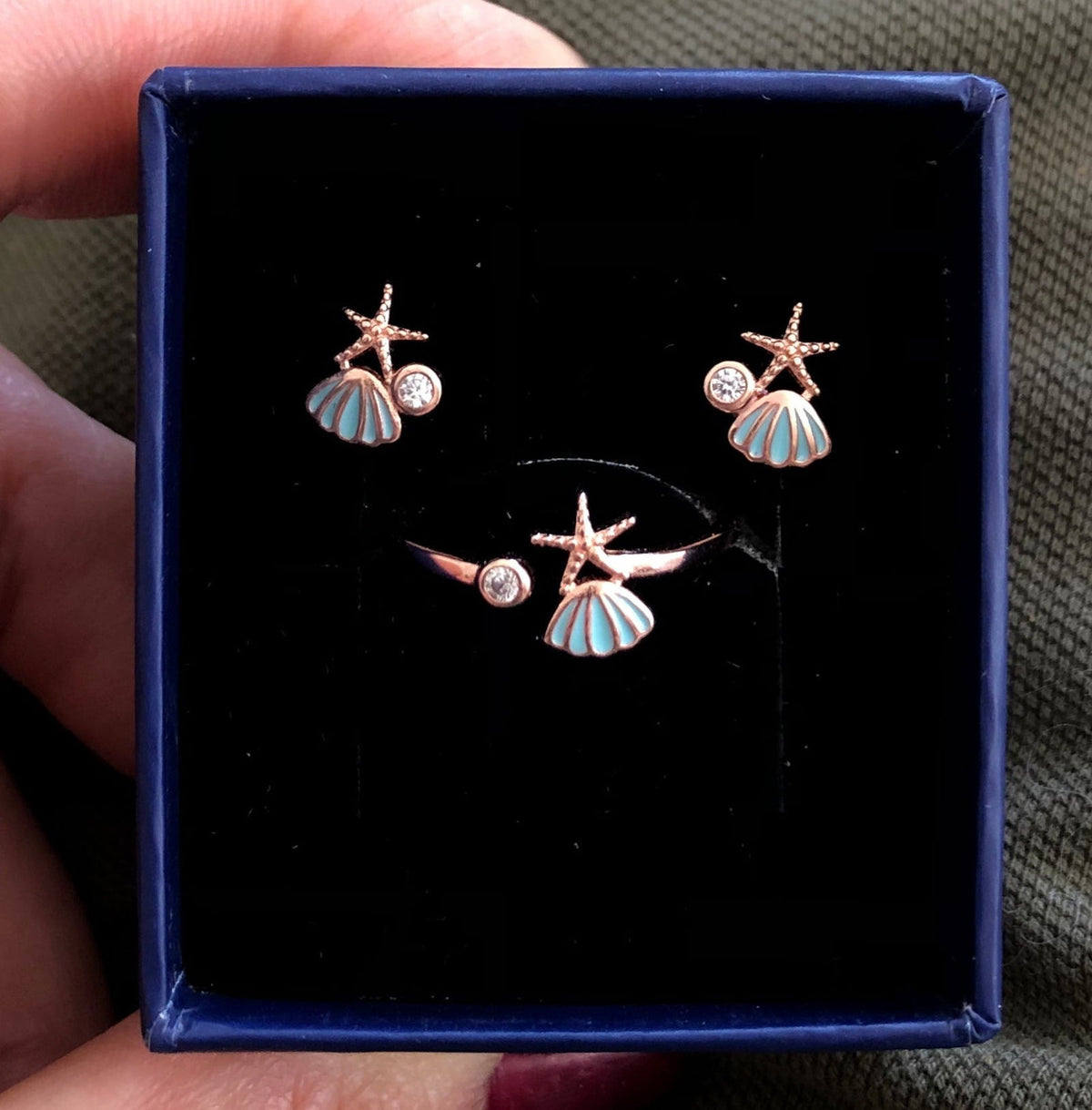 Small Sea Shell Earring & Ring Set - Blue enamel