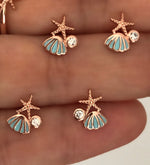 Small Sea Shell Earring & Ring Set - Blue enamel