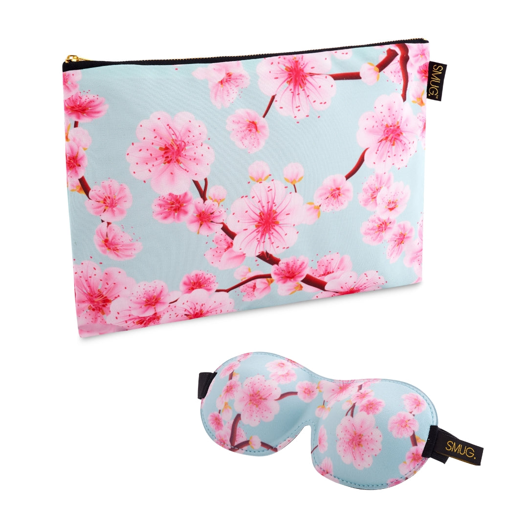 Contoured Sleep Mask & Accessories Bag Set - Cherry Blossom Print