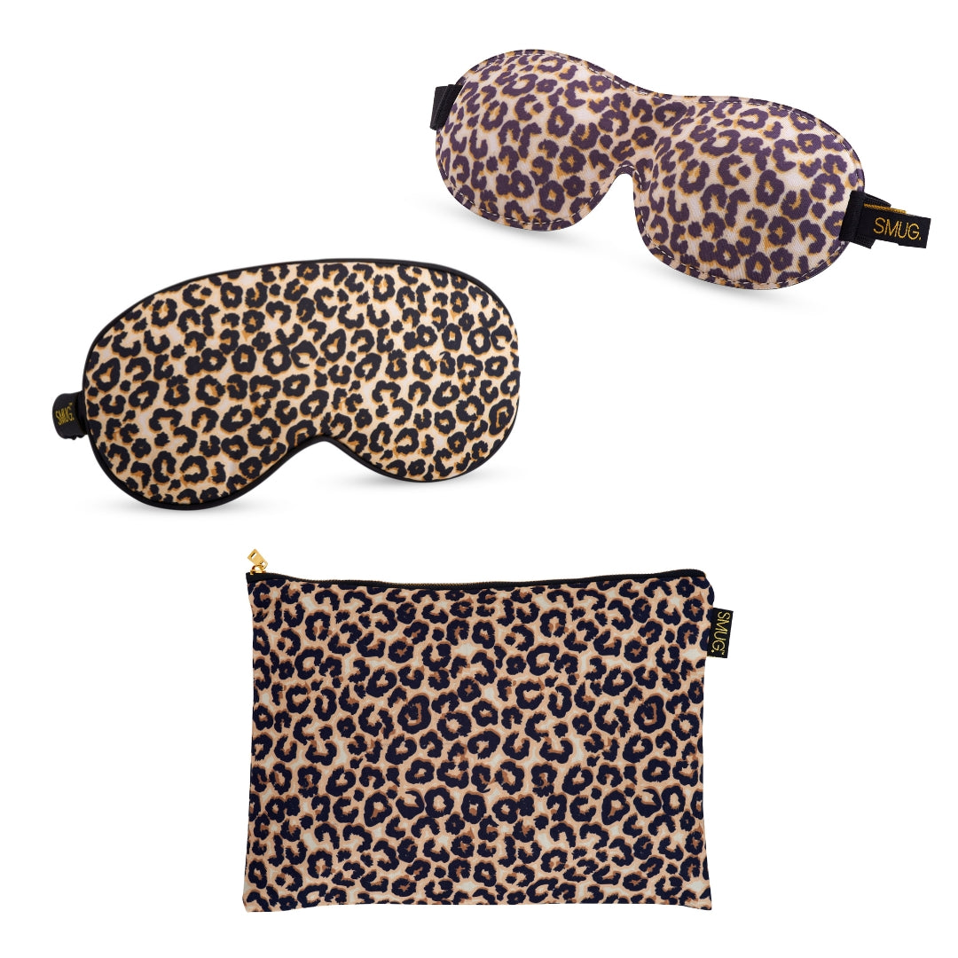 Contoured & Satin Sleep Mask Double Pack & Accessories Bag Set - Leopard