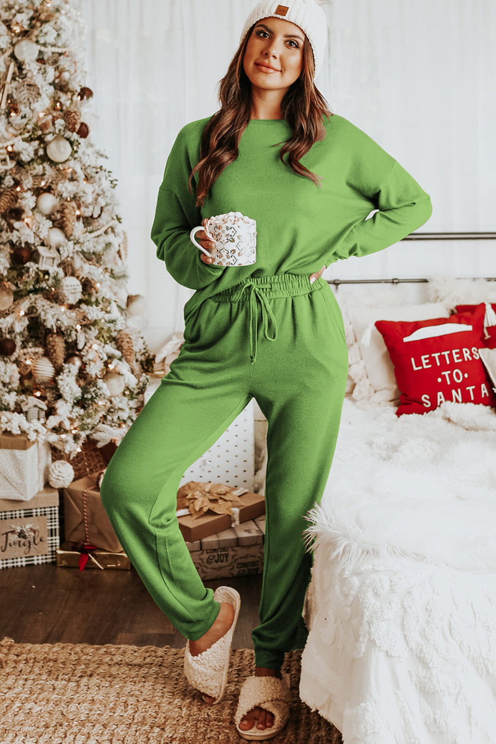 Spinach Green Long Sleeve Pullover and Jogger Pants Loungewear Set