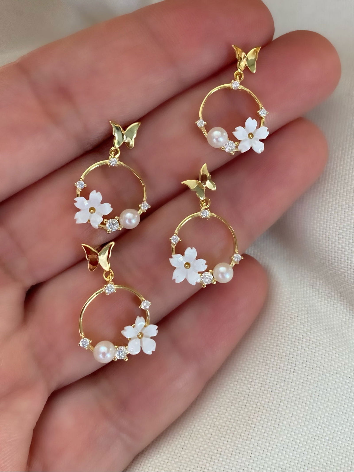 Spring Floral Rose Gold Earrings With Clear stones and white flower -Yellow