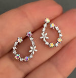 Spring earrings with pink and Blue stones -U shaped White Silver