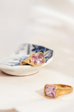 Square Gold Cocktail Ring: Pink