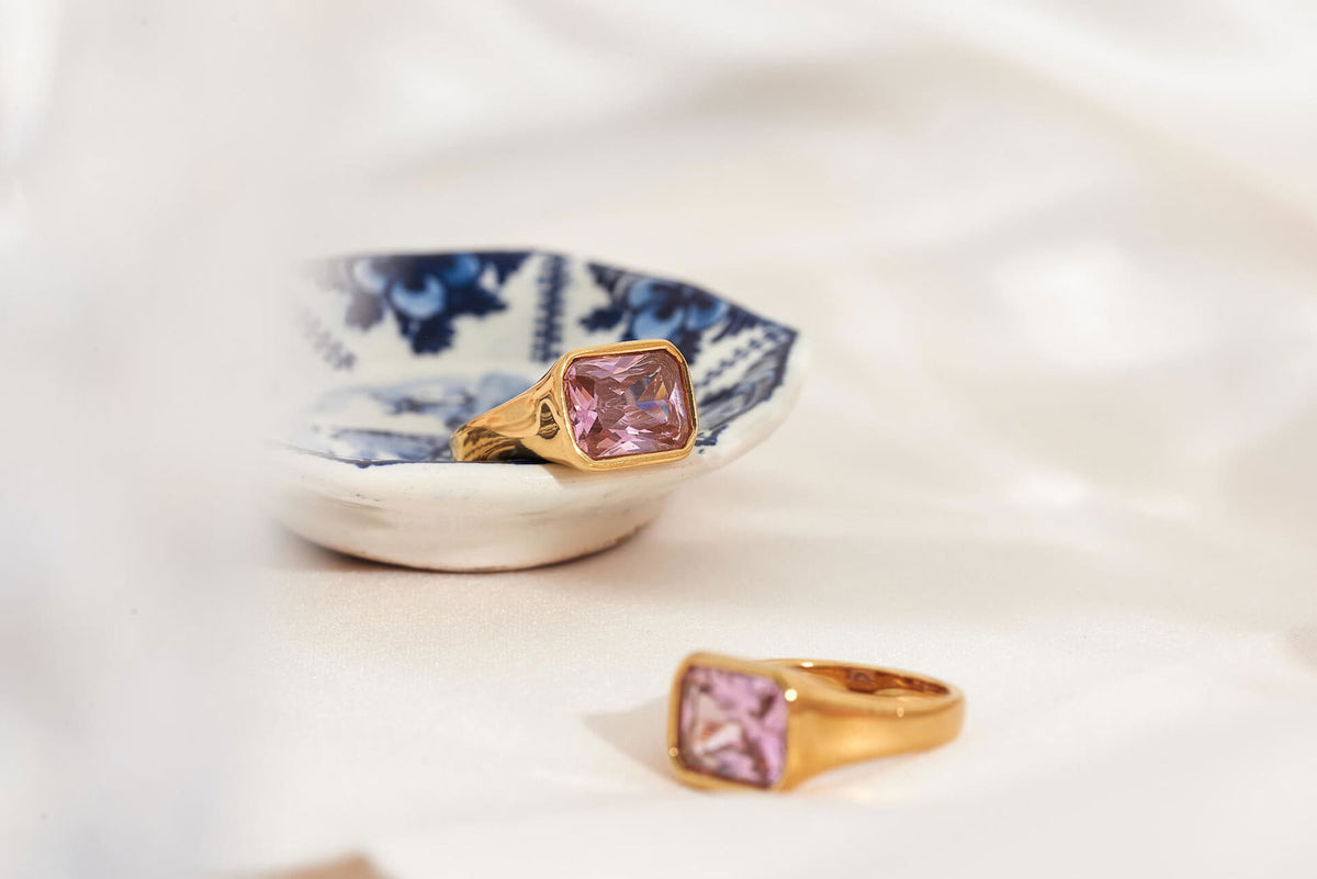 Square Gold Cocktail Ring: Pink