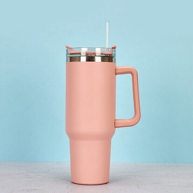 Stainless Steel Water Tumbler 40 Oz Cup Handle Straw Insulated Bottle Dupe Mug Light brown