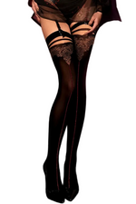 Black Secret Sheer Black Lace Top Hold Ups & Berry Red Centre Front Seam