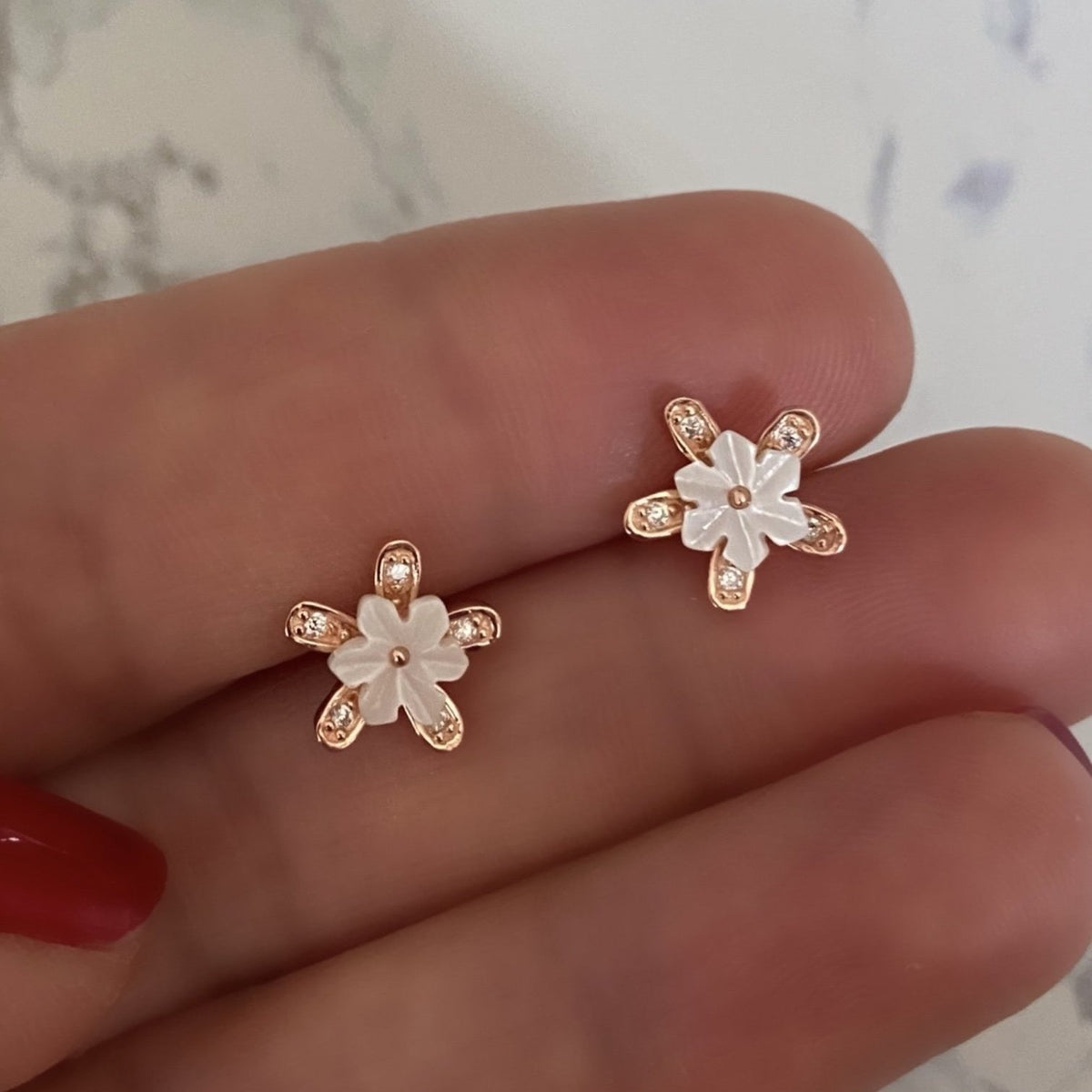 Studs with Spring flowers NO 9 White Rose Gold Plated Silver