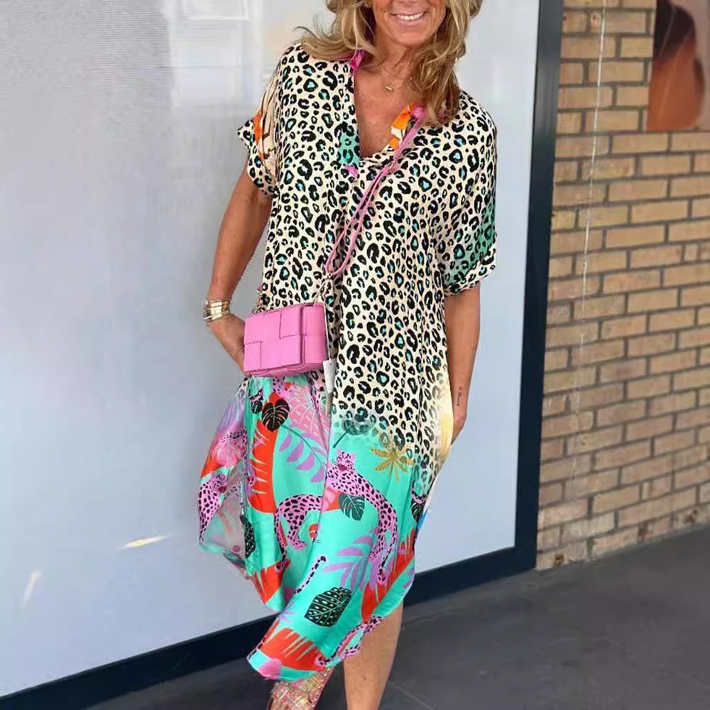 Summer Fashion Women's Semi-Open Collar Print Loose Dress