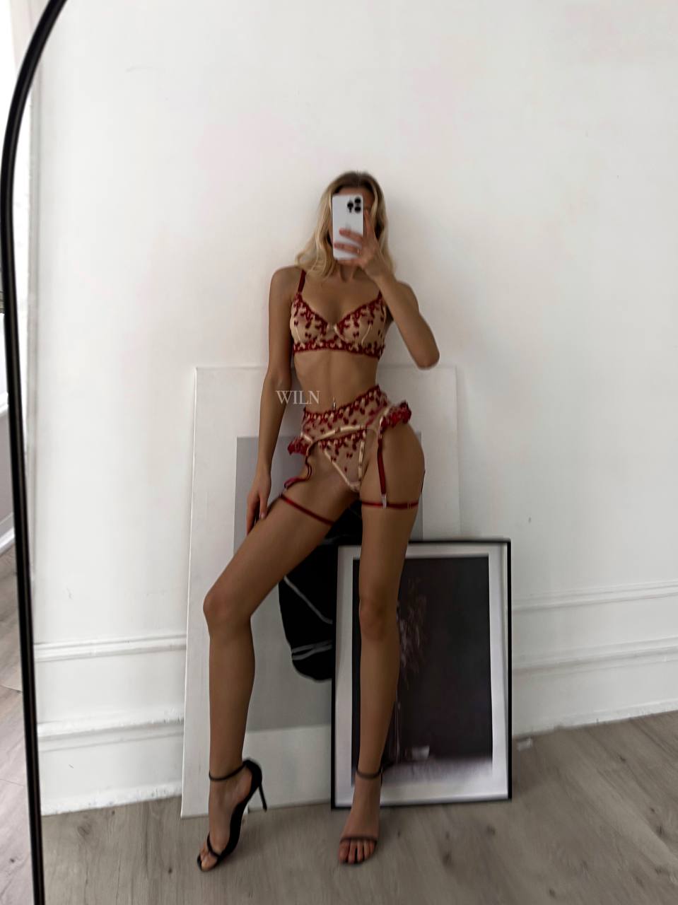 SWEETHEART Red & Nude Mesh 3 Piece Lingerie Set