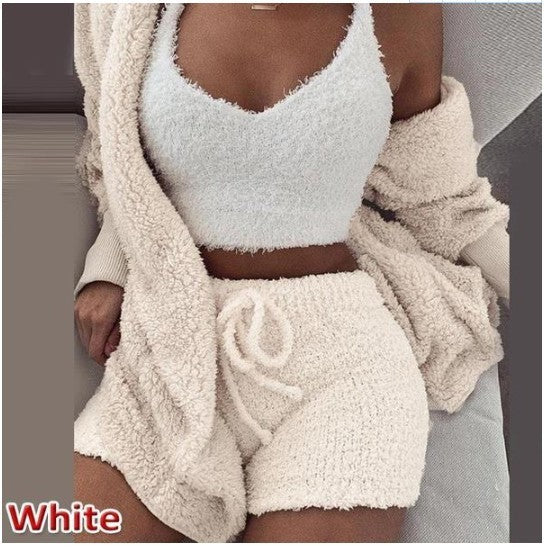 Three Piece Fashionable Ladies Fleece Loungewear Set Beige