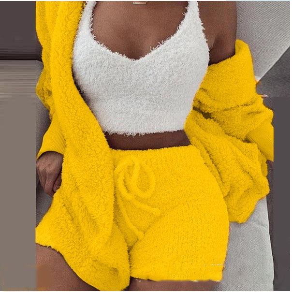 Three Piece Fashionable Ladies Fleece Loungewear Set Lemon Yellow