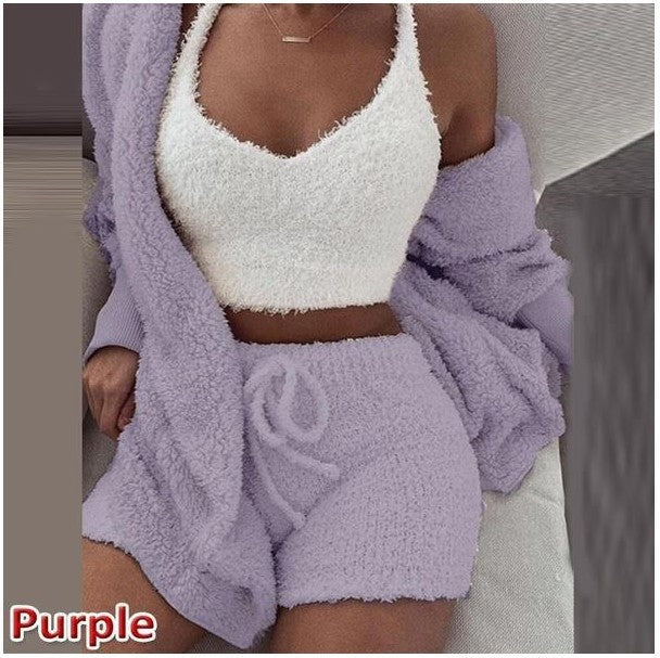 Three Piece Fashionable Ladies Fleece Loungewear Set Purple