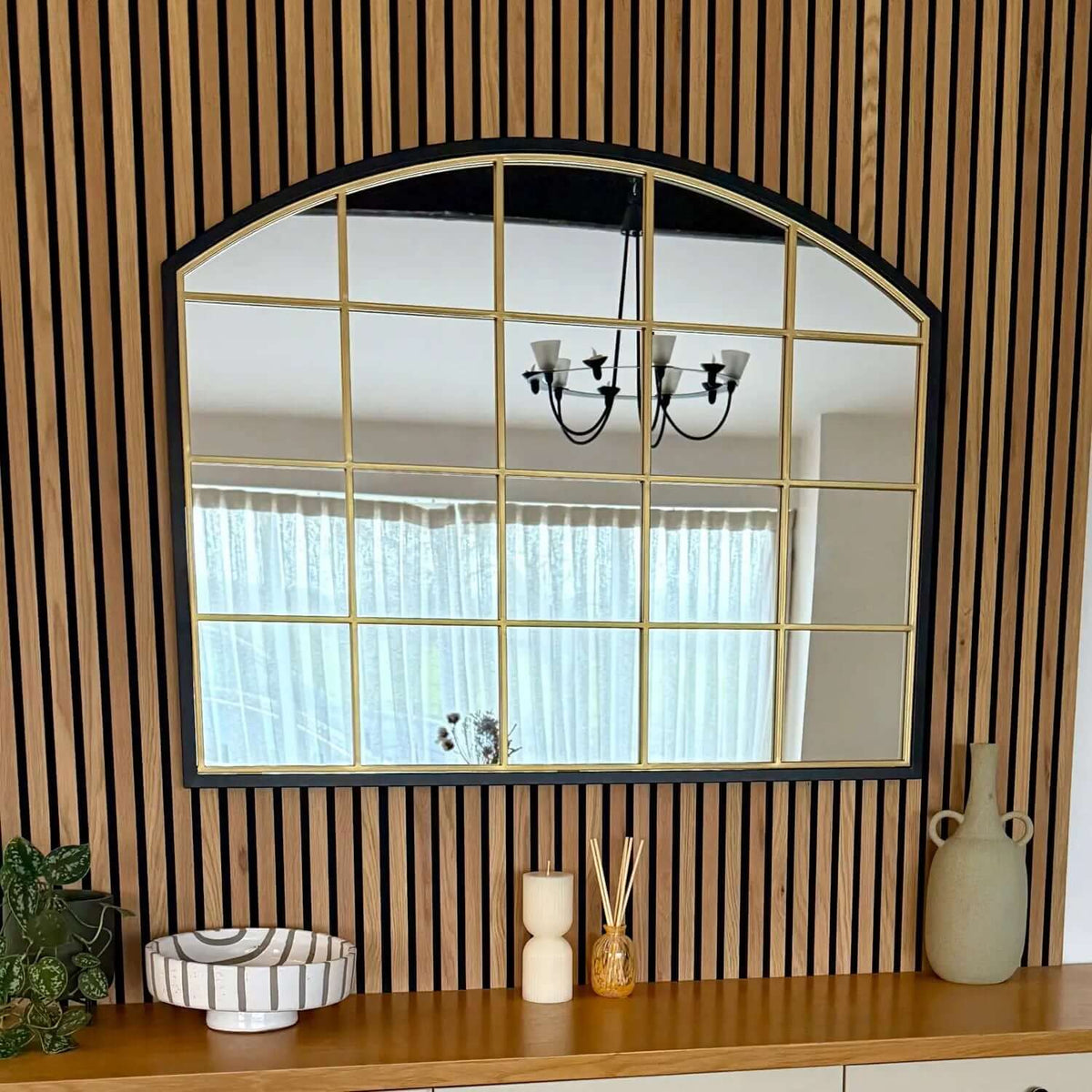 Tomi - Black & Gold Metal Arched Lattice Window Mirror - 95cm x 120cm