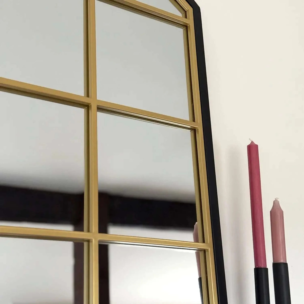 Tomi- Full Length Black & Gold Metal Arched Lattice Window Mirror - 180cm x 105cm