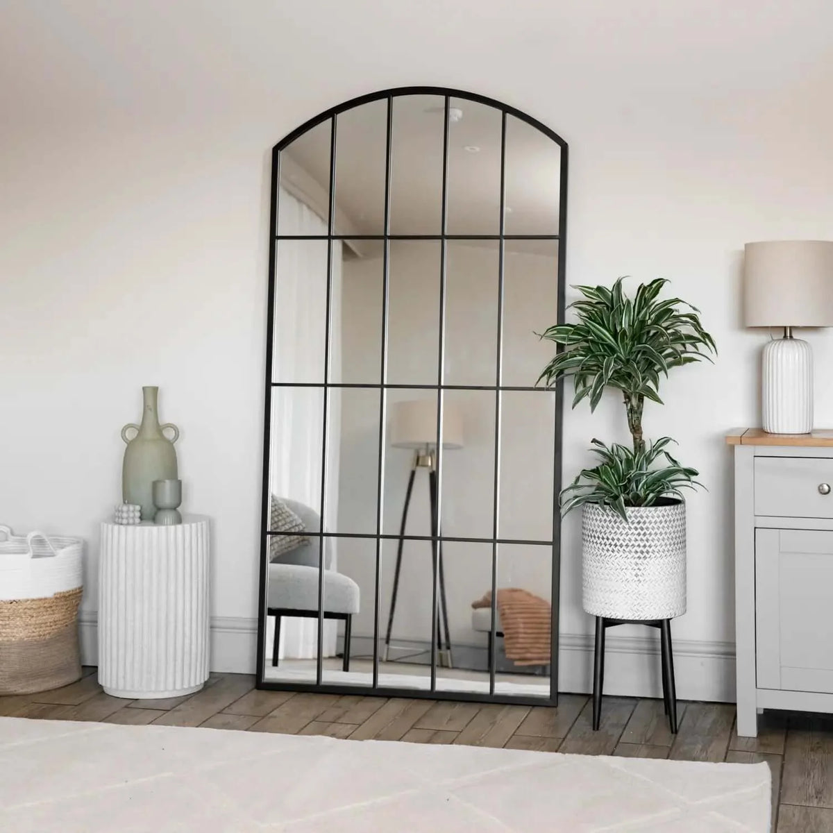 Tomi - Full Length Black Metal Arched Lattice Window Mirror - 150cm x 60cm.