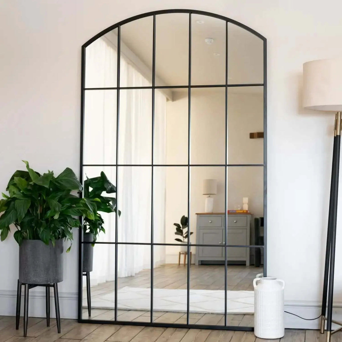 Tomi- Full Length Black Metal Arched Lattice Window Mirror - 180cm x 105cm.