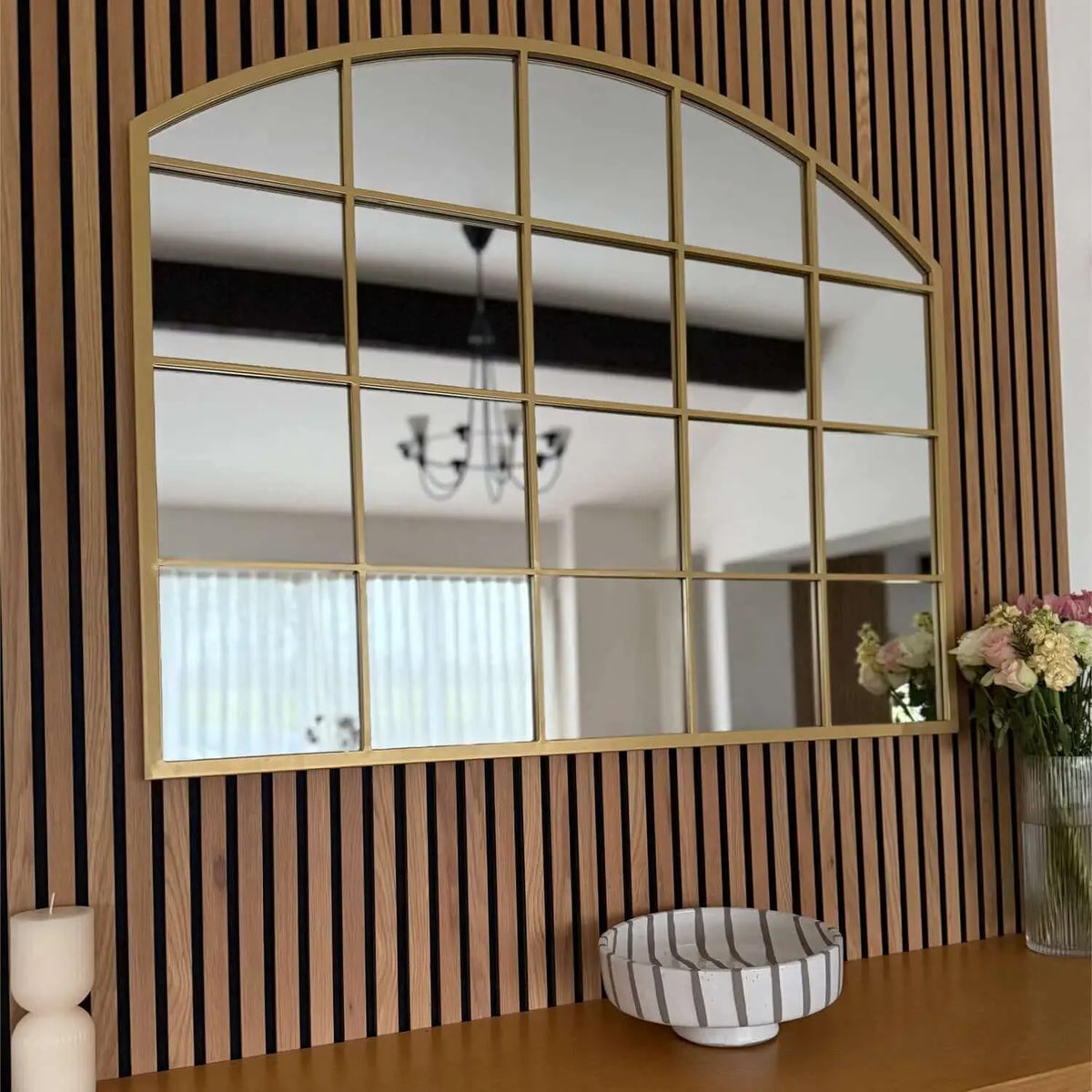 Tomi - Gold Metal Arched Lattice Window Mirror - 95cm x 120cm.