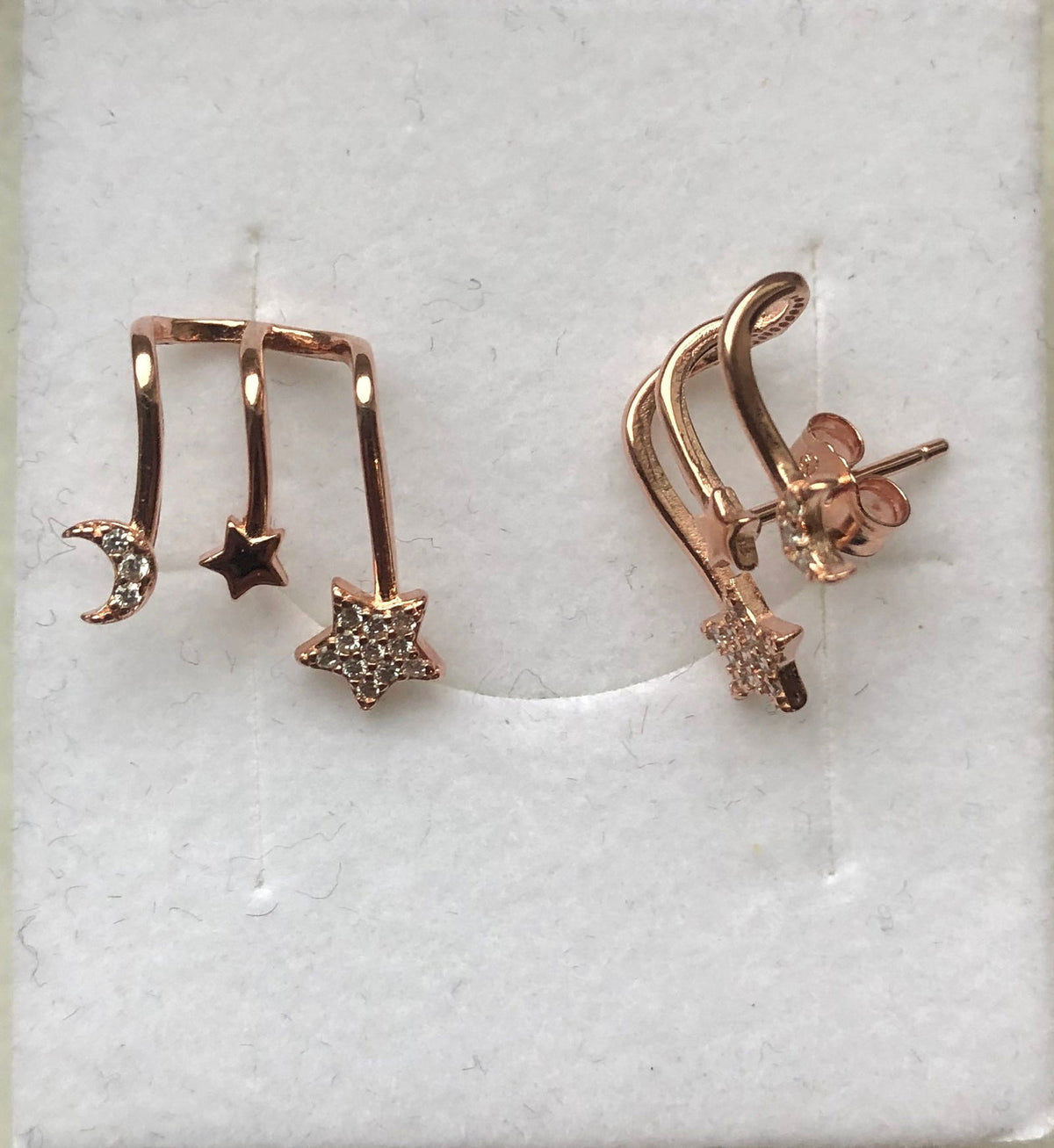 Rose Gold Plated Silver Triple Star Earrings Moon And Star