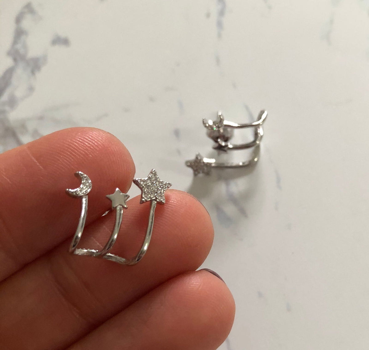 Rose Gold Plated Silver Triple Star Earrings Moon And Star - Silver