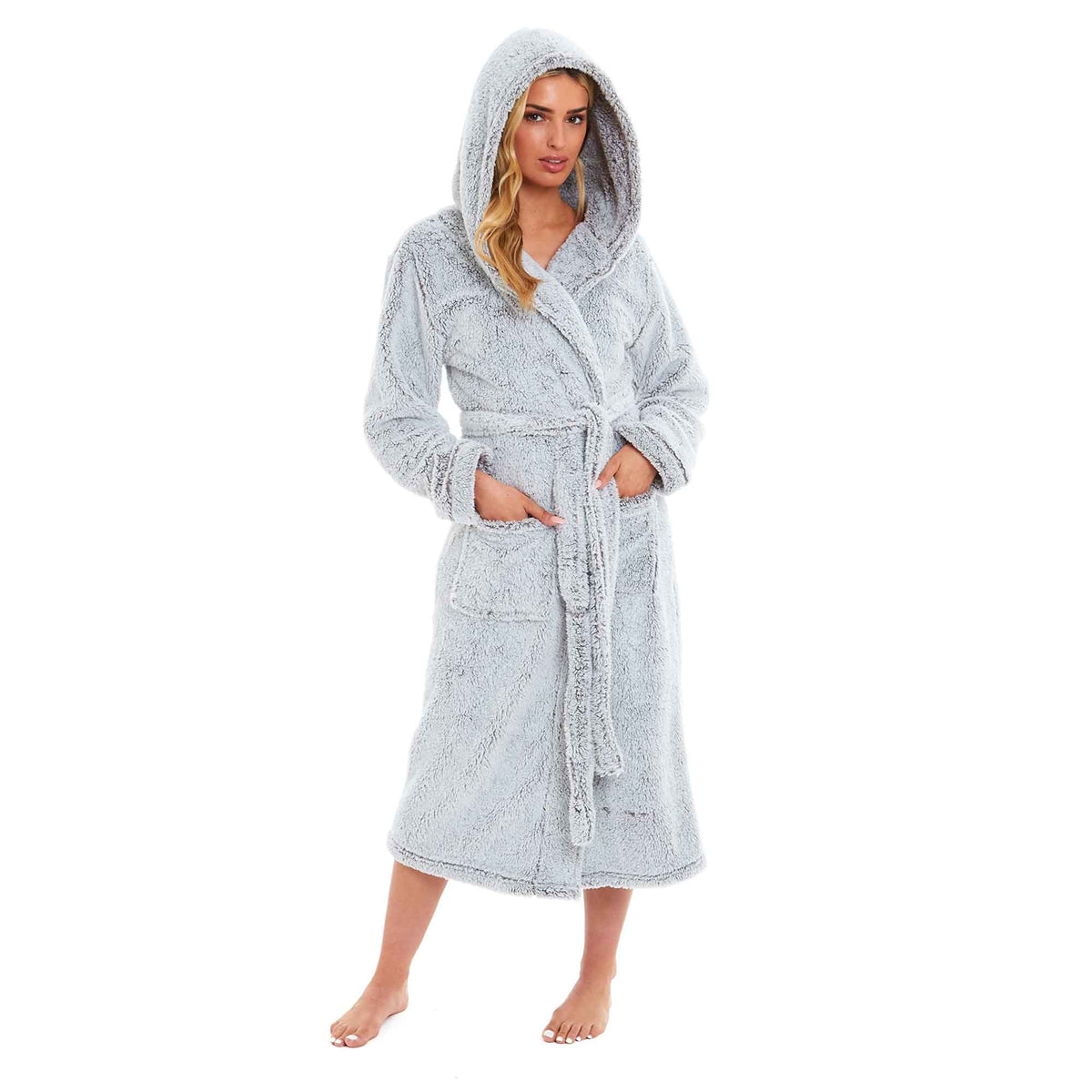 Daisy Dreamer Snuggle Fleece Hooded Robe - Soft Luxurious Dressing Gown GREY SHIMMER