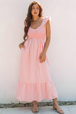 V Neck Flutter Sleeve Smocked Bodice High Waist Ruffle Maxi Dress Apricot Pink 100%Cotton