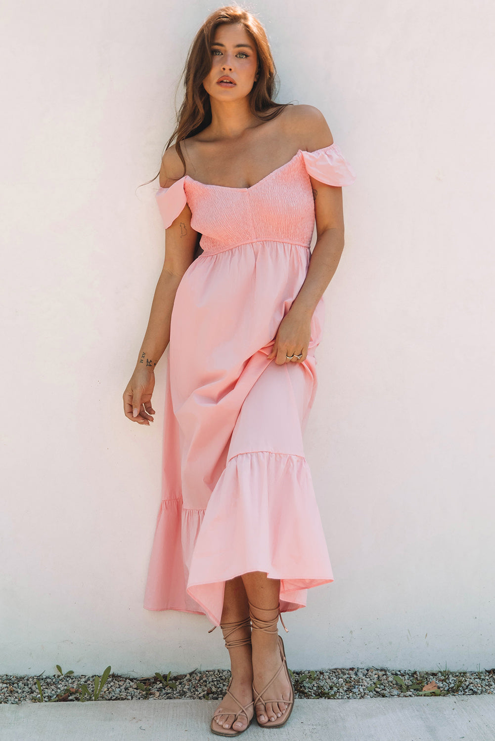 V Neck Flutter Sleeve Smocked Bodice High Waist Ruffle Maxi Dress