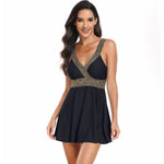 V-neck Printed Swimsuit Dress | Summer Beach Vacation | Beach Cover-Up Swimwear Black