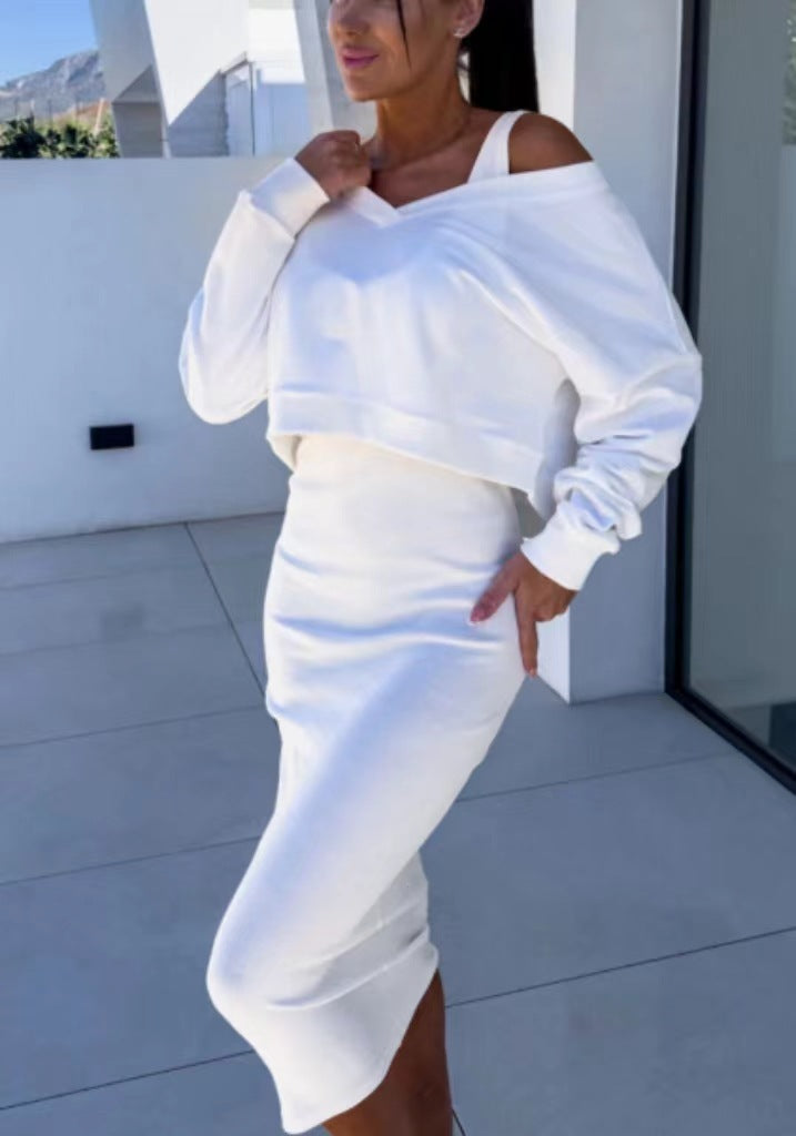 V-neck Strap Vest Hight Waisted Midi Skirt Sweatshirt Two Piece Skirt & Top Co-ord Set White