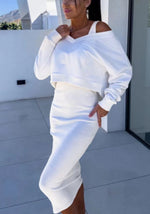V-neck Strap Vest Hight Waisted Midi Skirt Sweatshirt Two Piece Skirt & Top Co-ord Set White