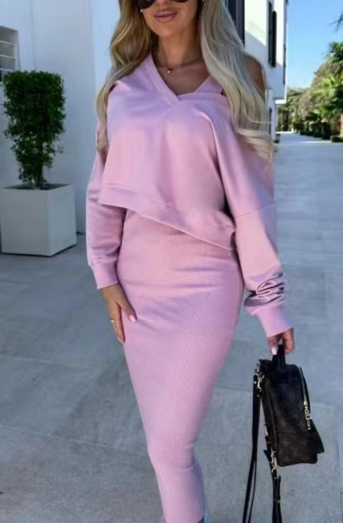 V-neck Strap Vest Hight Waisted Midi Skirt Sweatshirt Two Piece Skirt & Top Co-ord Set Pink