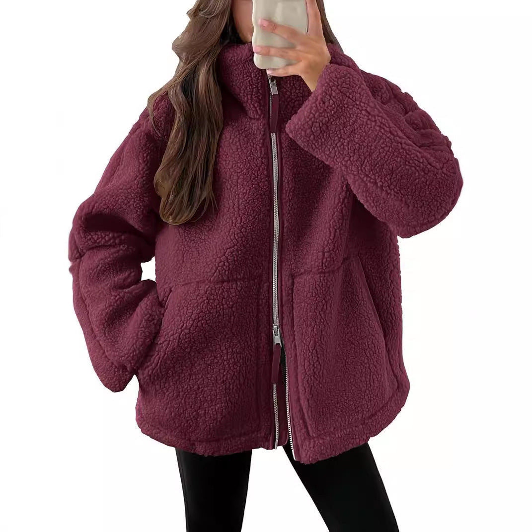 Warm Cosy Zip-up Teddy Fleece Jacket Sweater | 9 Colours Wine Red